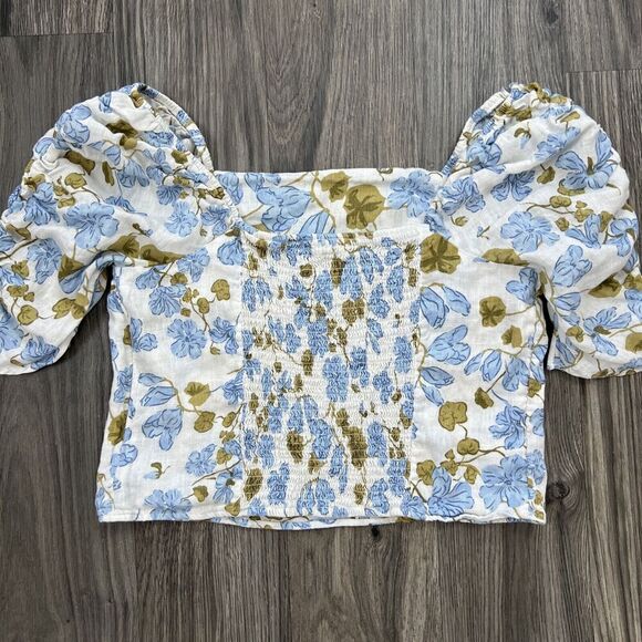 Joie Linen Linen Puff Sleeve Shirred Blue White Floral Blouse Size XL - Picture 5 of 6